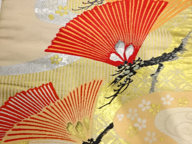 JAPANESE KIMONO / ANTIQUE NAGOYA OBI / WOVEN UME & KIKU WITH FAN